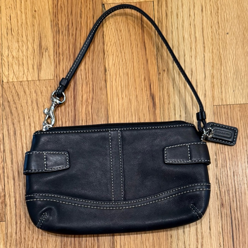 Coach Black Leather wristlet 5x7” perfect for stadiums.